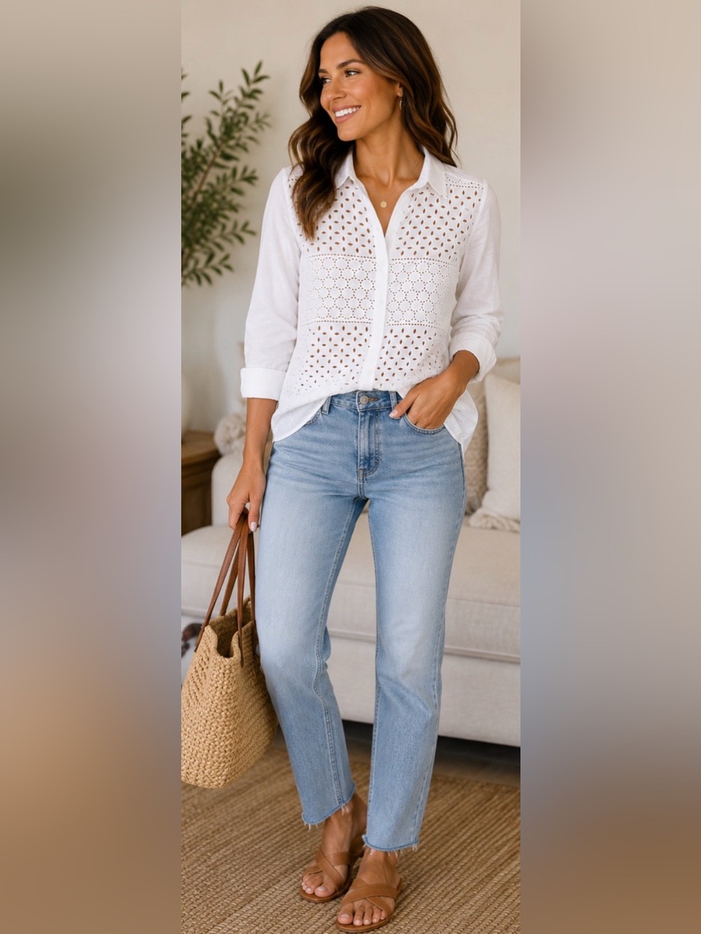 77 LOFT Petites MP White Eyelet Button Front Shirt Cotton Long Sleeve Blouse